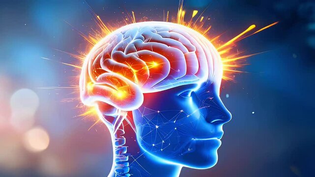 A 3D rendering of a human brain with a powerful energy radiating from it, as if it were exploding, conceptualizing ideas, or new thoughts.