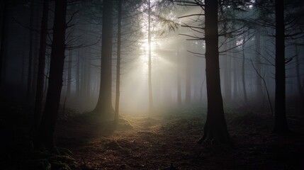 Naklejka premium Foggy forest with sunlight barely breaking through the trees symbolizing grief and the slow process of healing
