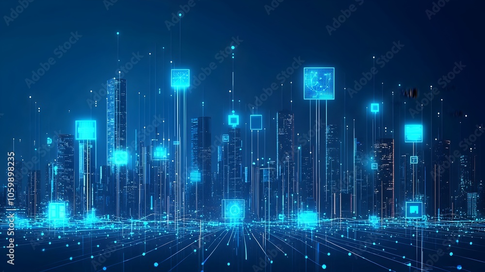 Poster of a futuristic cityscape at night showcasing a network of connected smart devices and digital billb