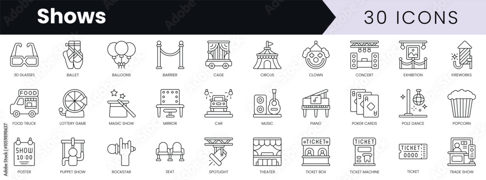 Poster set of outline shows icons. minimalist thin linear web icon set. vector illustration.