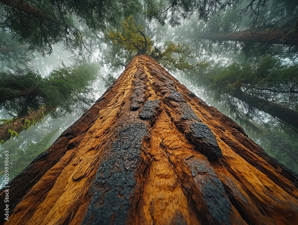 Poster a low-angle view of a giant redwood tree in a foggy forest