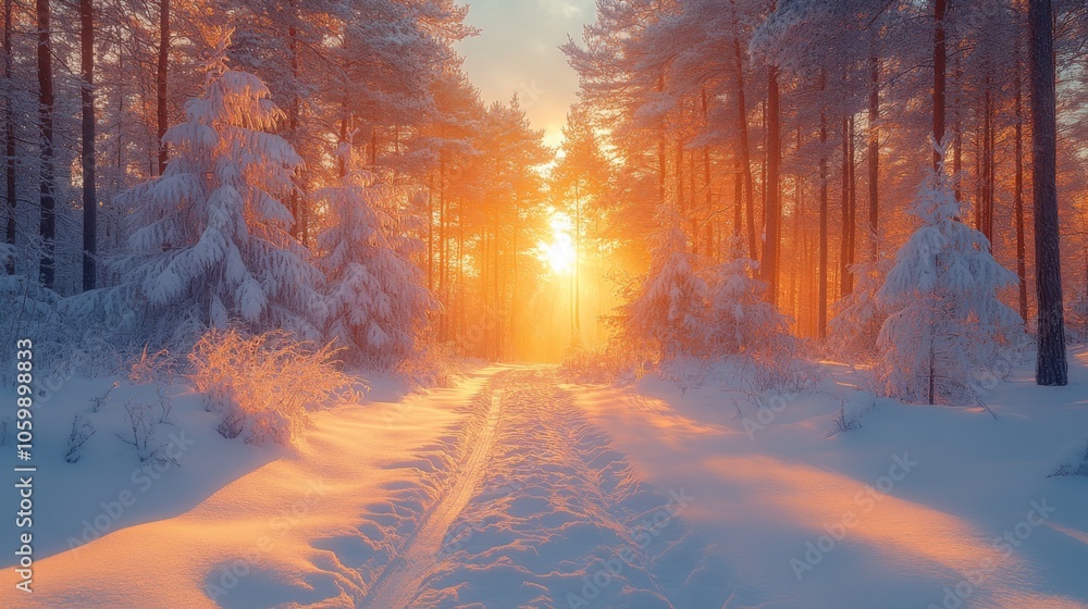 Poster the soft glow of the morning sun rises over a snow-covered forest, illuminating a winding trail. fre