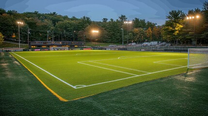 Fototapeta premium A well-lit soccer field surrounded by trees.