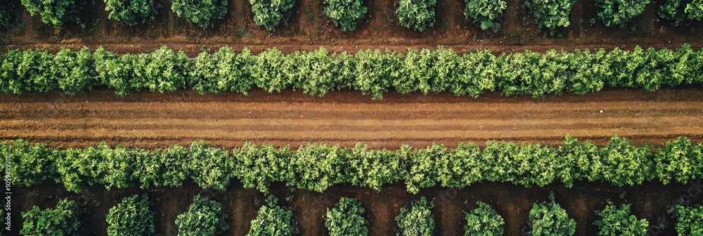 Poster straight rows of lush vegetables flourish in a meticulously maintained garden, showcasing a rich tap