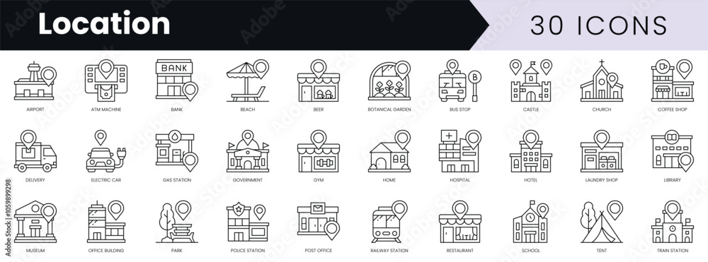 Poster set of outline location icons. minimalist thin linear web icon set. vector illustration.