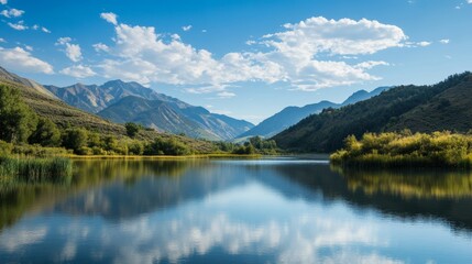 Naklejka premium Serene landscape with a calm lake and mountains symbolizing stress management and anxiety relief through nature