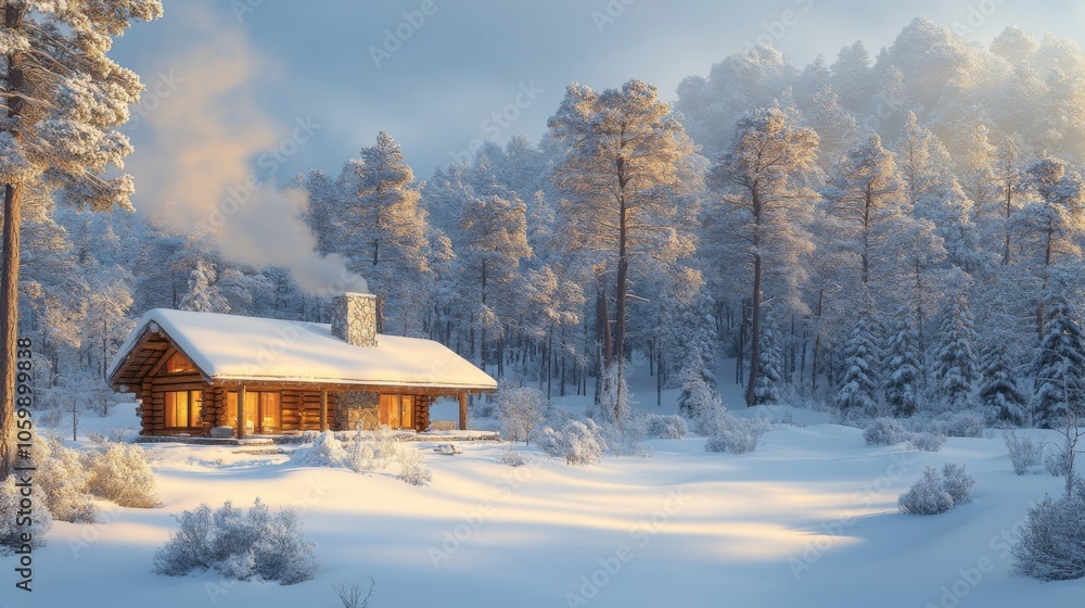Poster Snow blankets the ground around a rustic log cabin nestled in a tranquil forest. Sunlight filters through trees, illuminating the peaceful winter morning.