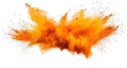 Orange powder explosion against transparent background, vibrant color burst. Abstract art and energy concept