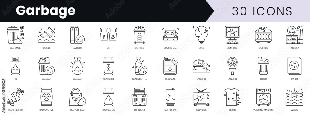 Poster set of outline garbage icons. minimalist thin linear web icon set. vector illustration.
