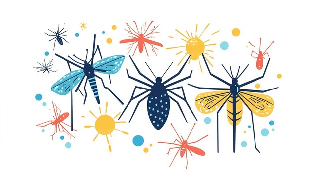 Abstract Illustration Featuring Mosquitoes in a Brightly Colored Flat Design, Set Against a White Background, Capturing the Concept of Virus Transmission and Defense Against Insect Bites, Incorporatin