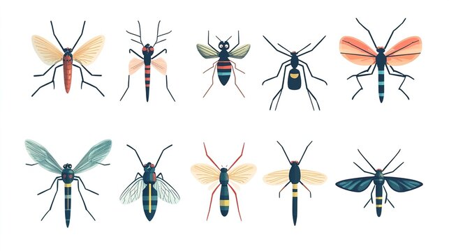 Abstract Illustration Featuring Mosquitoes in a Brightly Colored Flat Design, Set Against a White Background, Capturing the Concept of Virus Transmission and Defense Against Insect Bites, Incorporatin