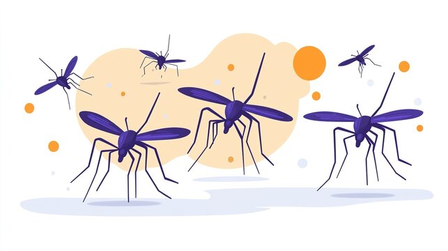 Abstract Illustration Featuring Mosquitoes in a Brightly Colored Flat Design, Set Against a White Background, Capturing the Concept of Virus Transmission and Defense Against Insect Bites, Incorporatin