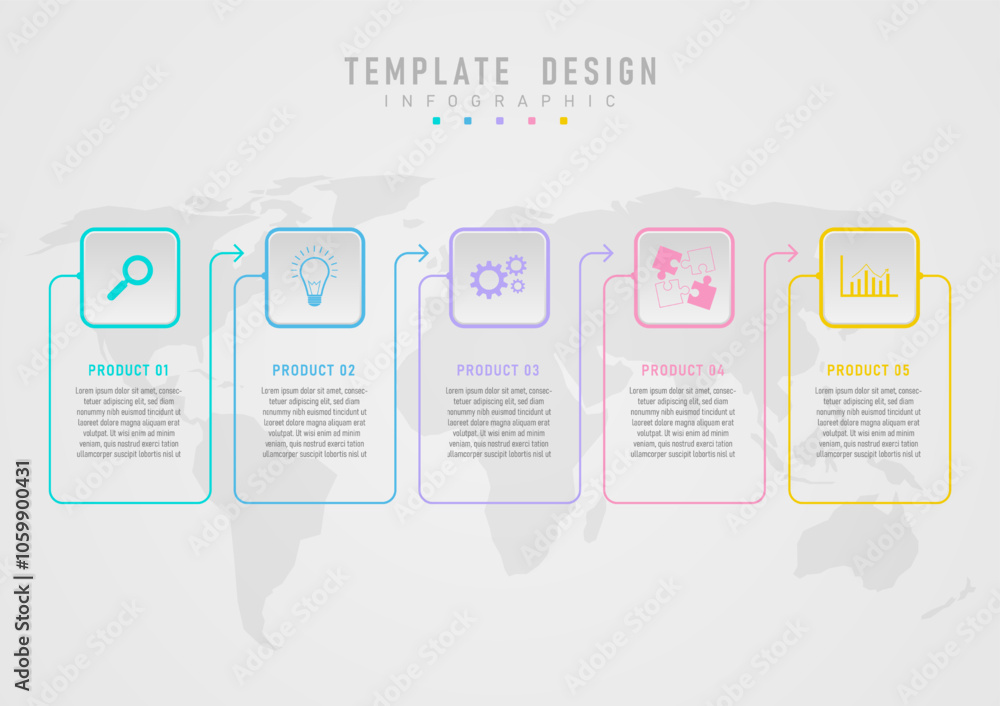 Poster simple template square button product infographic has an icon in the middle and multi-colored square