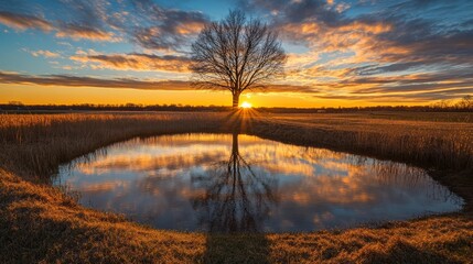Sunset over a still pond with a single tree casting a long shadow representing solitude and reflection during times of mourning