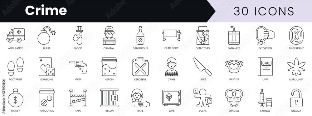 Poster set of outline crime icons. minimalist thin linear web icon set. vector illustration.