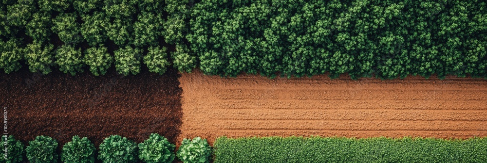 Poster Neatly arranged vegetable rows flourish in a vibrant garden setting, bordered by trees and freshly tilled soil under clear skies. Generative AI