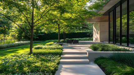 Obraz premium A serene, modern garden with lush greenery, a clean pathway, and a contemporary building, creating a peaceful outdoor space.