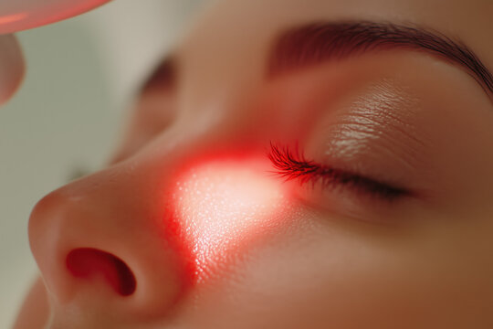 Detailed Image of Facial Laser Treatment in Professional Clinic, Red Light on Skin and Sterile Instruments in Background