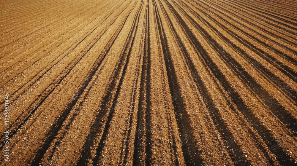 Poster Straight rows of soil prepared for planting, creating a neat arrangement for vegetable crops in a sunny garden setting. Generative AI