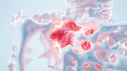 Naklejka premium stylized bone break illustration, anatomical accuracy, ivory-colored osseous tissue, visible marrow, crimson highlight elements, soft sky blue environment, educational diagram look