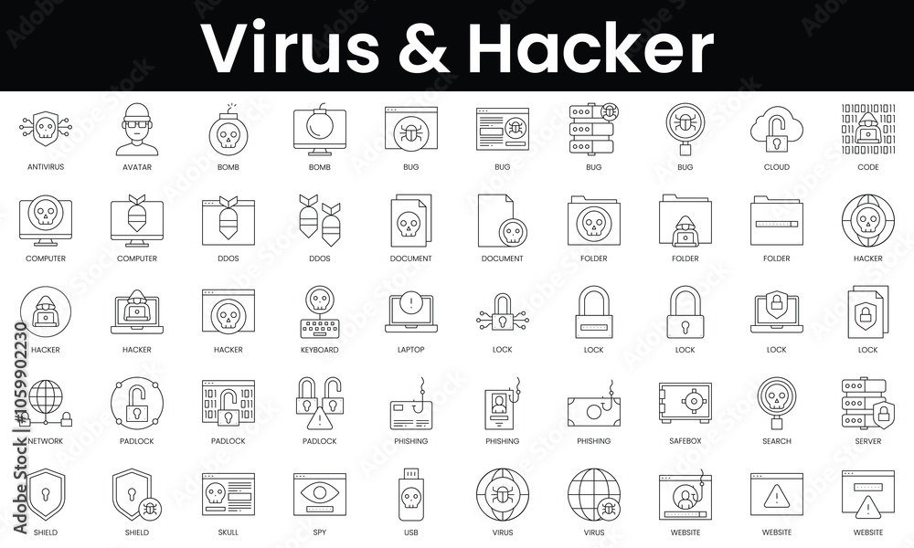 Poster set of outline virus and hacker icons. minimalist thin linear web icon set. vector illustration.