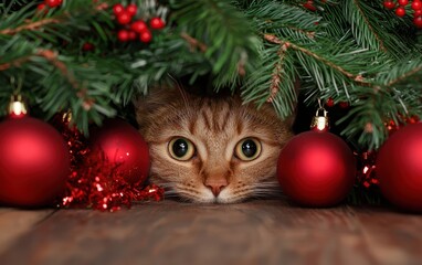 Curious cat peeking from under Christmas tree with red ornaments and green branches.