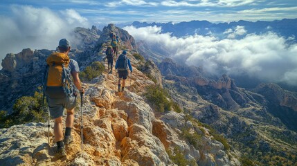 Obraz premium A group of hikers ascends a rugged mountain path, surrounded by dramatic peaks and clouds. The bright sky provides a stunning backdrop to their adventurous journey.