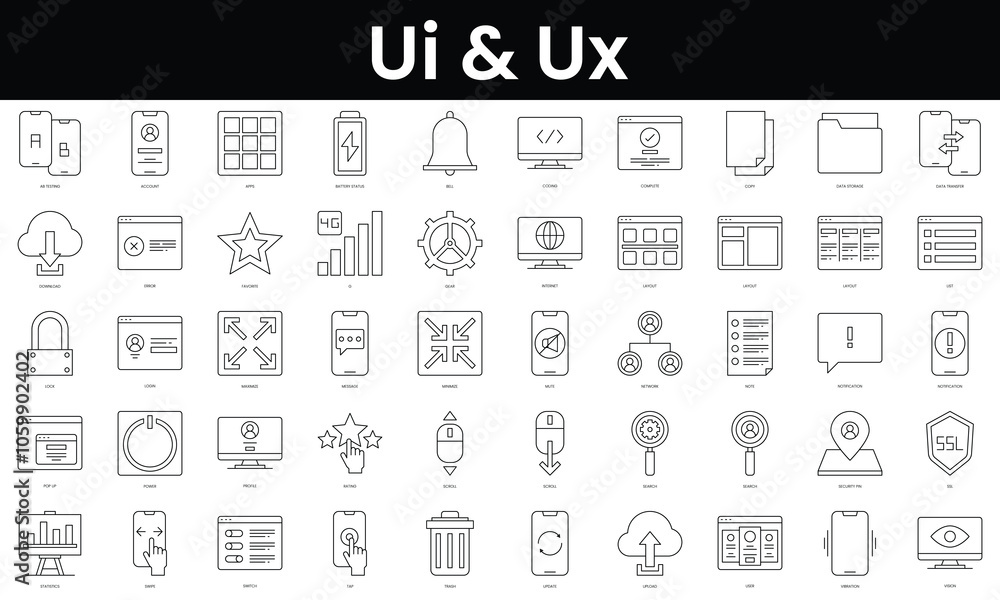 Fototapete Set of outline ui and ux icons. Minimalist thin linear web icon set. vector illustration.