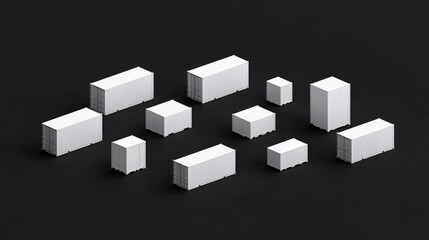 Fototapeta premium high-contrast white freight containers, assorted positions, intricate structural details, matte finish, deep black environment, minimalist shipping visual