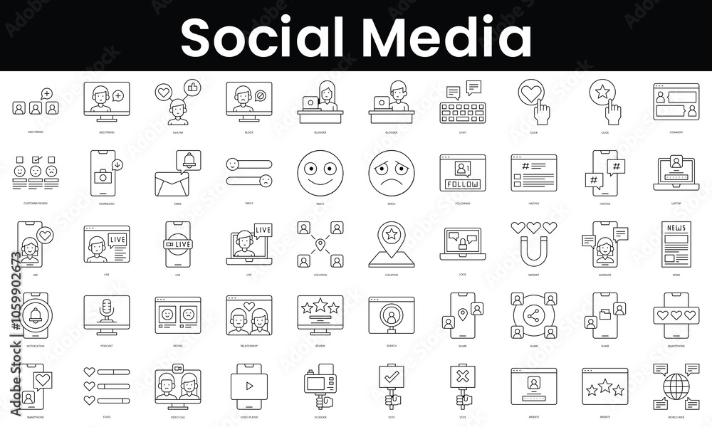 Poster set of outline social media icons. minimalist thin linear web icon set. vector illustration.