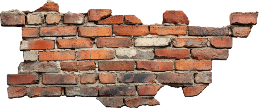 Aged brick wall with irregular shape on transparent background