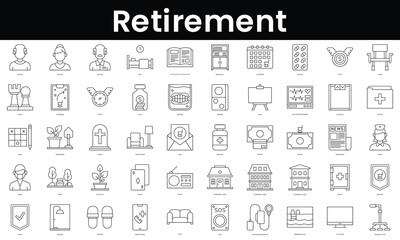 Set of outline retirement icons. Minimalist thin linear web icon set. vector illustration.