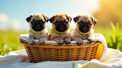 French Beydog puppies sitting in a basket on the grass on a sunny day