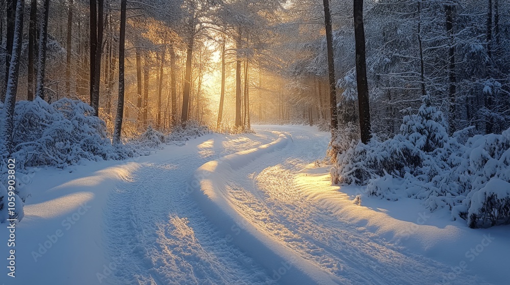 Aufkleber Golden sunlight filters through tall trees, illuminating a snowy forest path. The soft blanket of snow creates a serene atmosphere on a clear winter day.