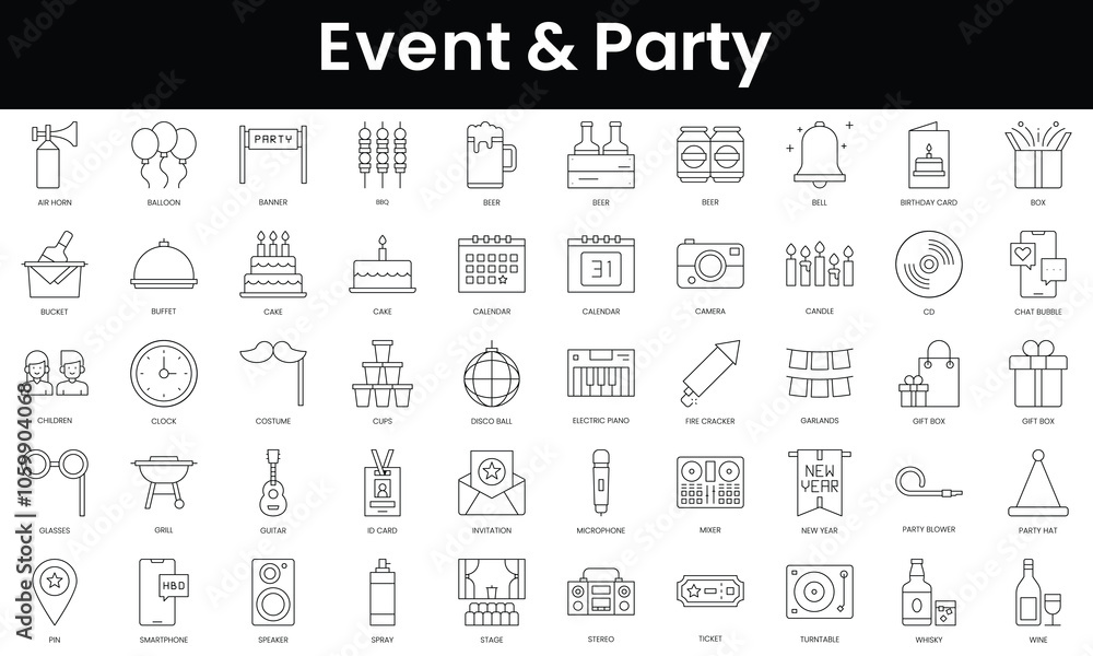Poster set of outline event and party icons. minimalist thin linear web icon set. vector illustration.