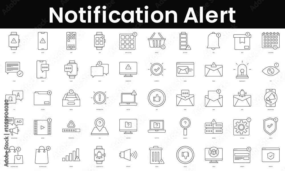 Poster set of outline notification alert icons. minimalist thin linear web icon set. vector illustration.