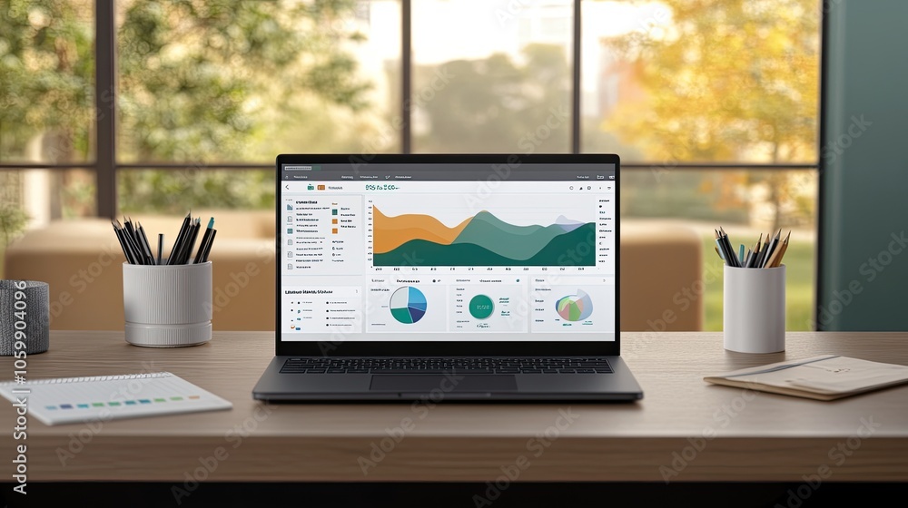 Aufkleber modern workspace with data visualization on laptop