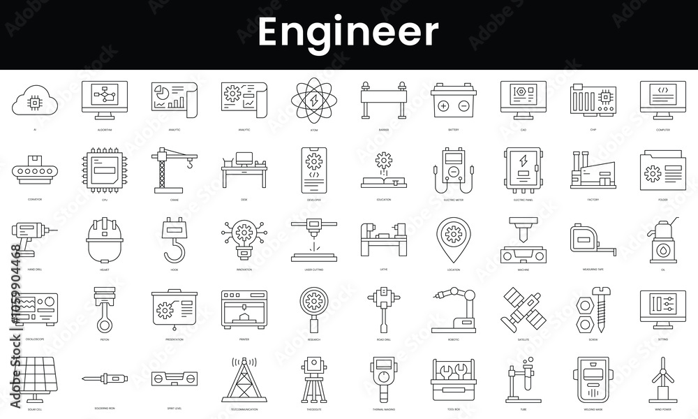Poster set of outline engineer icons. minimalist thin linear web icon set. vector illustration.