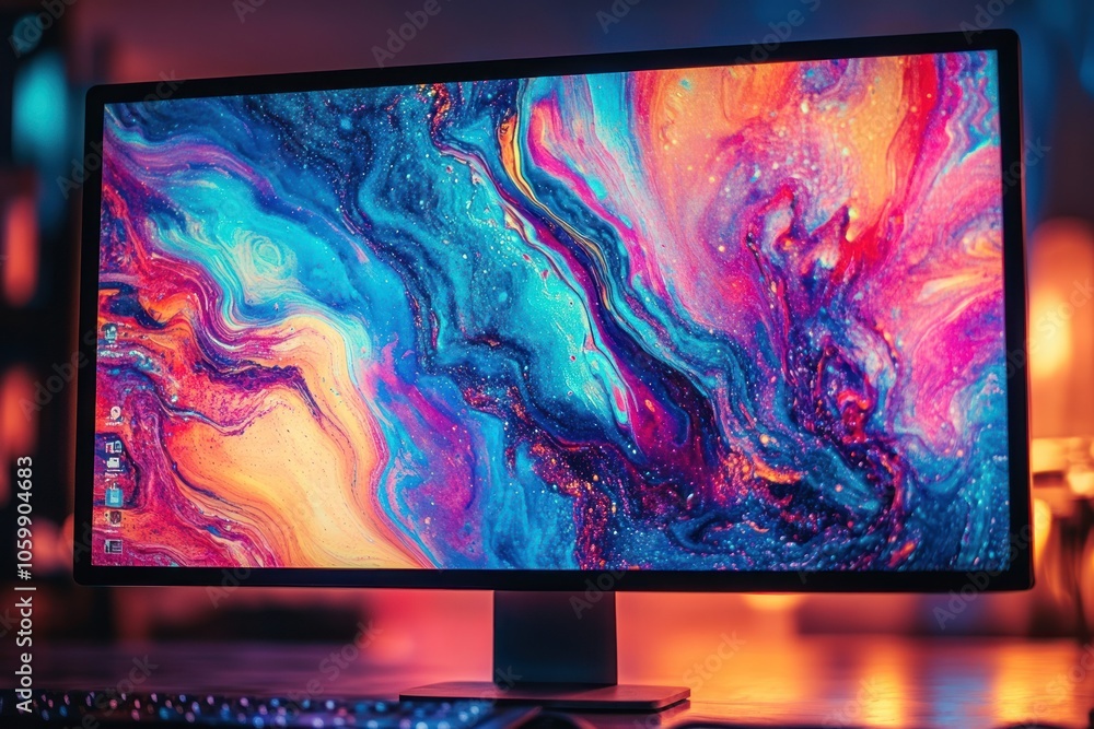 Aufkleber a modern desktop computer with a vibrant abstract digital artwork displayed on the screen.