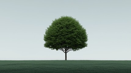 A solitary, lush green tree stands prominently against a muted skyline, symbolizing nature's tranquility and resilience in an open field.