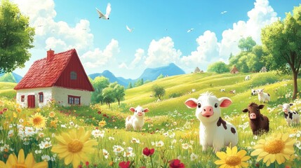 Cute cartoon cows in a green meadow with a red roof cottage in the background.