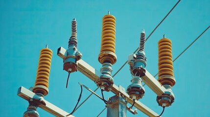 Colorful Insulators on Power Line Against Blue Sky