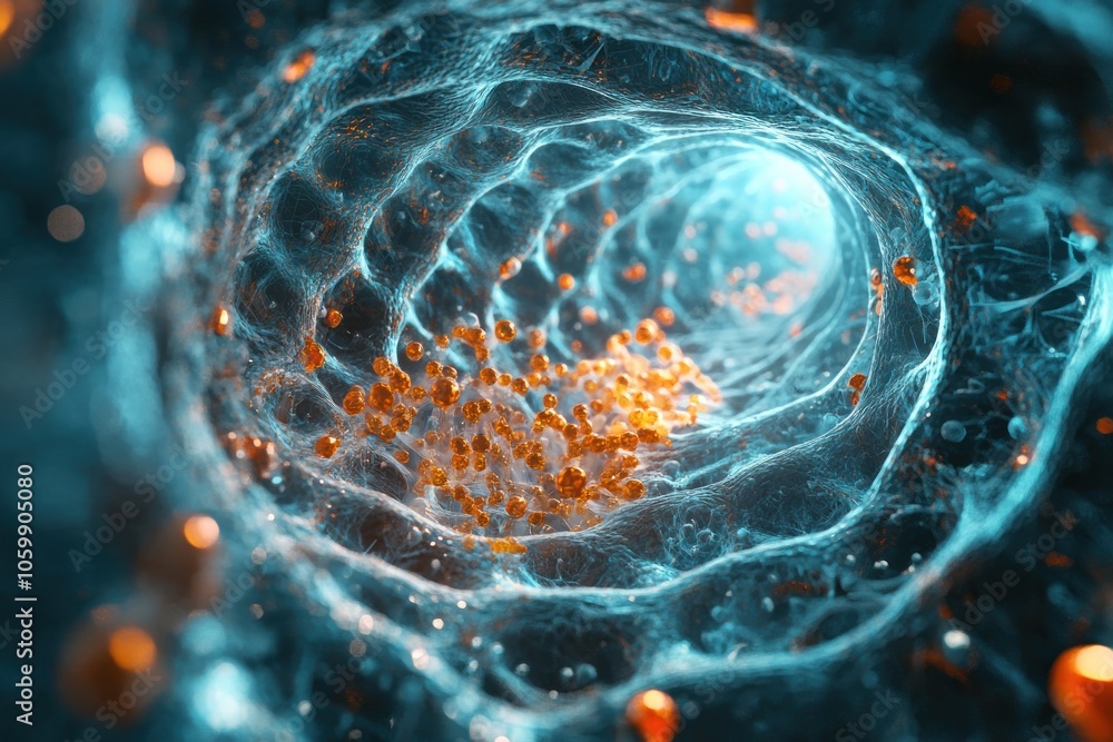 Poster abstract 3d illustration of a microscopic structure with orange particles floating inside a blue and