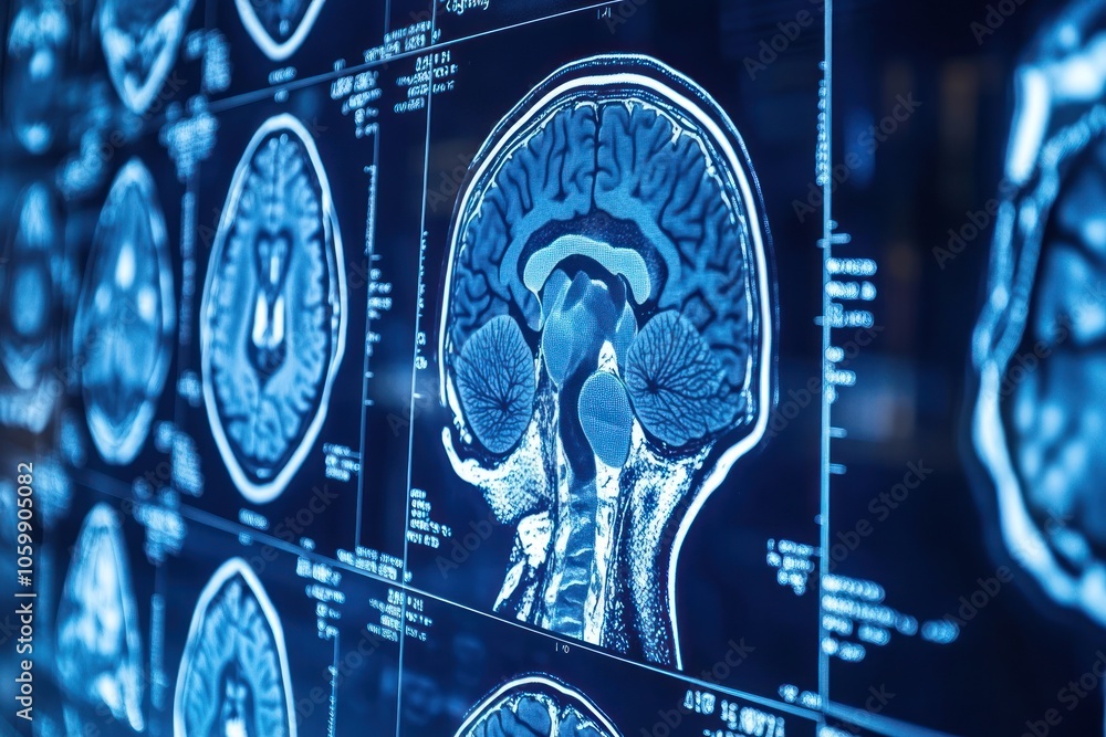 Poster a close-up image of a human brain scan on a computer screen.