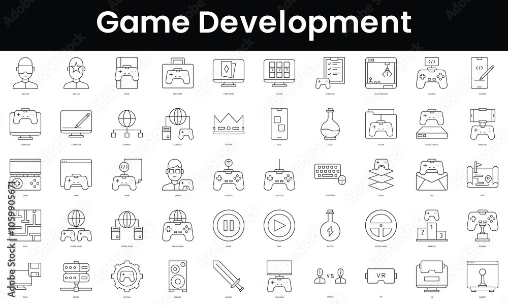 Poster set of outline game development icons. minimalist thin linear web icon set. vector illustration.