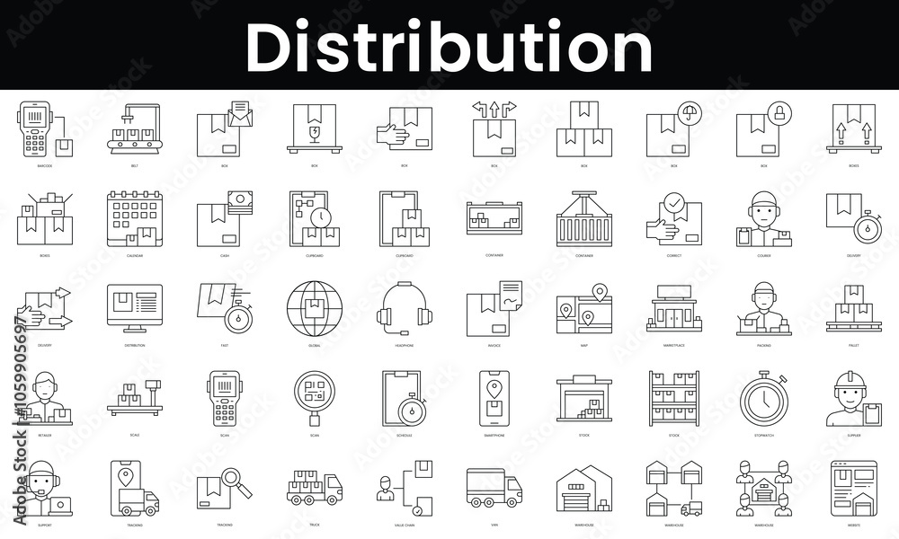 Poster set of outline distribution icons. minimalist thin linear web icon set. vector illustration.