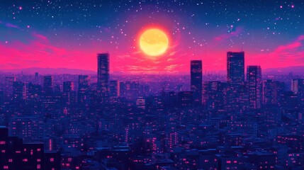 Fototapeta premium A large, full moon rises over a city skyline, with a pink and blue gradient sky.