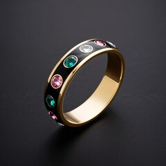 Color blocked enamel bangle with gemstones on plain black dark background