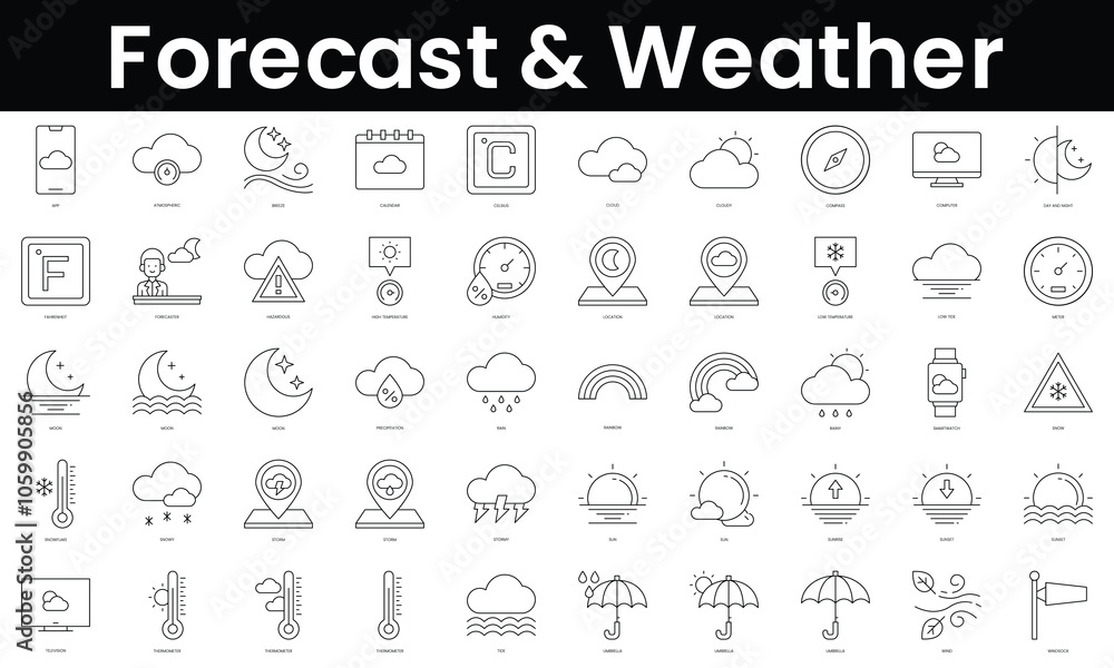 Poster set of outline forecast and weather icons. minimalist thin linear web icon set. vector illustration.