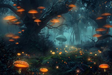 Obraz premium Fantasy forest with mushrooms in the fog